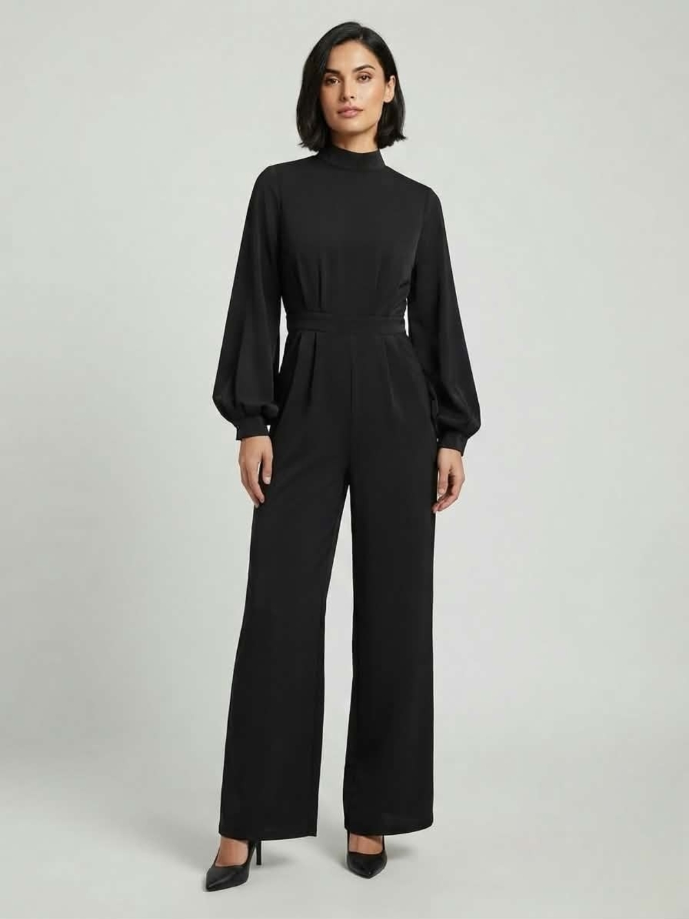 Boohoo Occasion Black Mock Neck Balloon Sleeve Jumpsuit - Size US 6 / UK 10